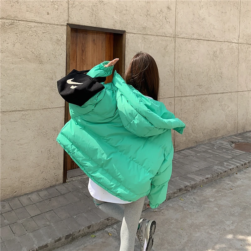 Winter Puffer Cotton-padded Coats Female\'s Oversized Hooded Parka Short Loose Warm Bread Coat Candy Color Cotton Jacket