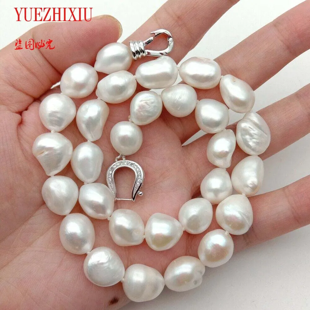 

Hot sell Valentine's Day gift 11*13mm Freshwater White Baroque Pearl Necklace 18inch Women zircon Clasp accessories fine jewelry