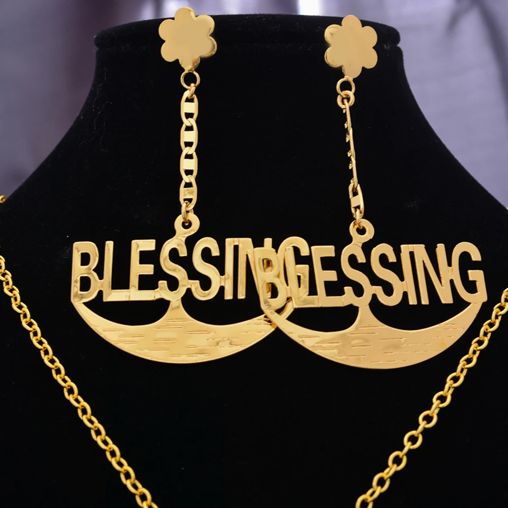 Four styles Dubai Gold Color Personalized Letter Necklace and Earring Jewelry Set For Women Men Wife