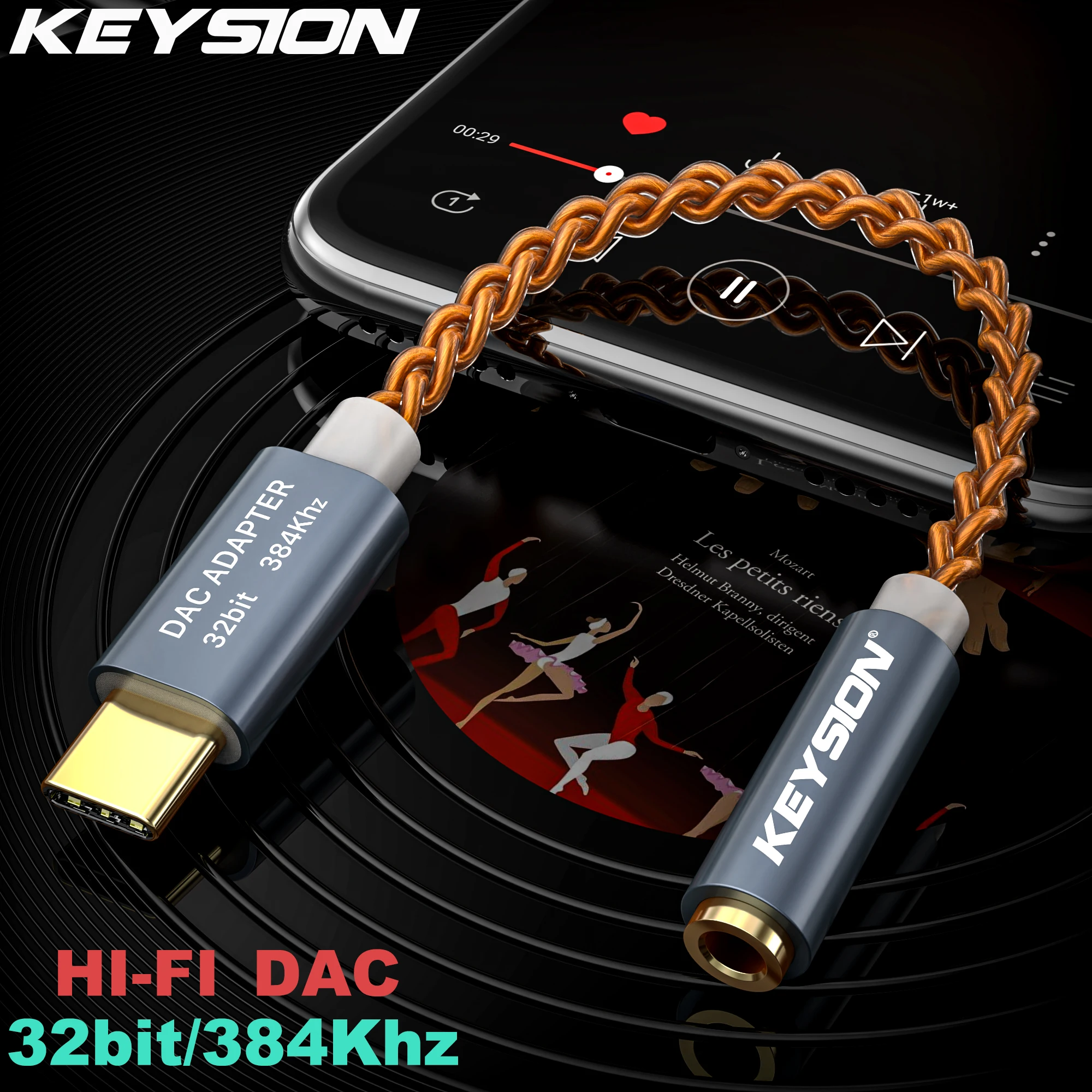 KEYSION HIFI DAC earphone Amplifier USB Type C to 3.5mm Headphone Jack audio adapter 32bit 384kHz Digital Decoder AUX Converter