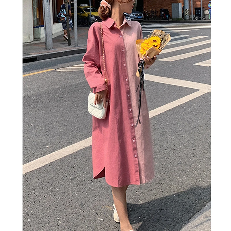 

Large Size Women's Long-sleeved Dress 2021 New Autumn Loose and Thin Casual Mid-length Stitching Shirt Skirt