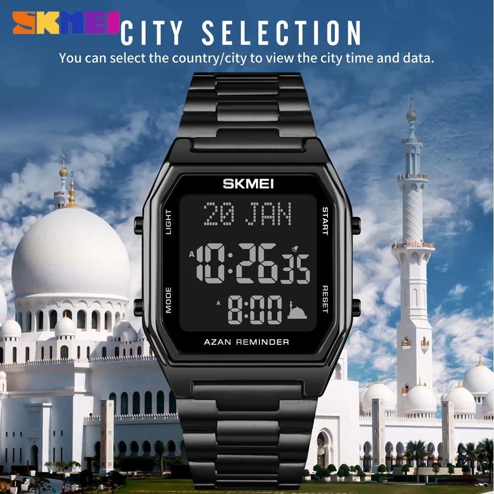 New SKMEI Muslim Qibla Digital Watch Religious Month Wristwatch Male Clock LED Chronograph Electronic Wristwatches Reloj Hombre