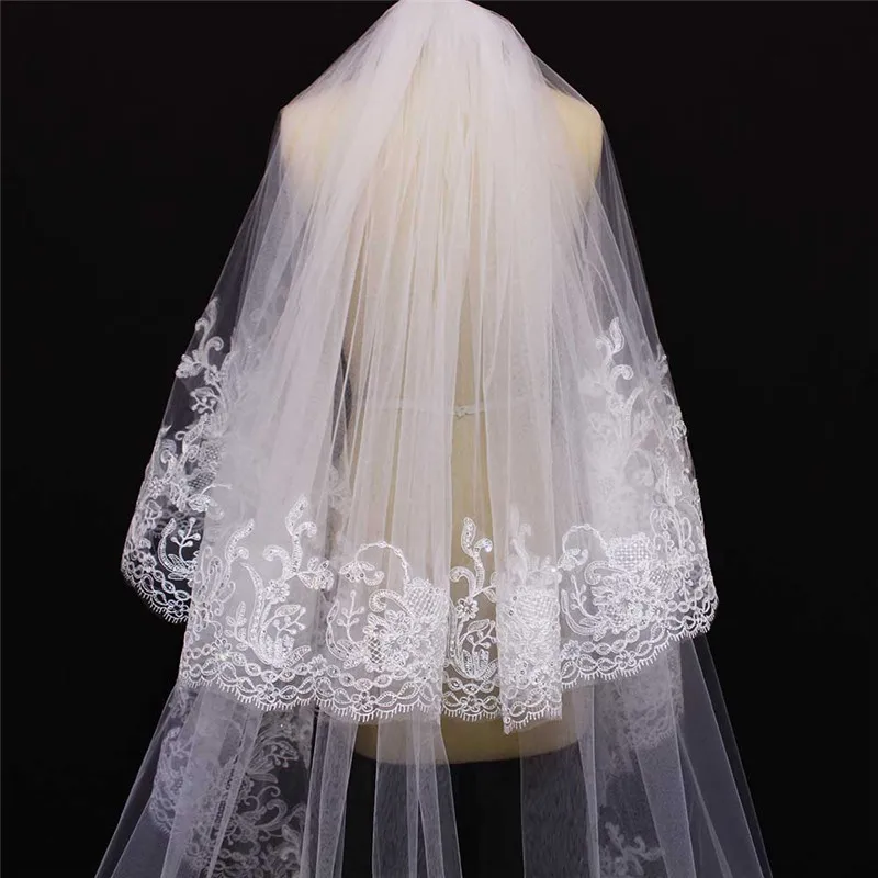 Voile Mariage Lange 2 Lagen Wedding Veil Cover Gezicht Kathedraal Bridal Veil Bruiloft Accessoires Veu De Noiva 2020