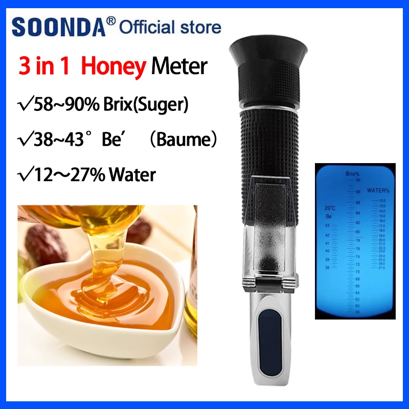 3 in 1 Honey Refractometer 58～90% Brix Meter Tester 38～43°Be＇Honey Baume Tester 12-27% Water Meter Honey Quality Detector