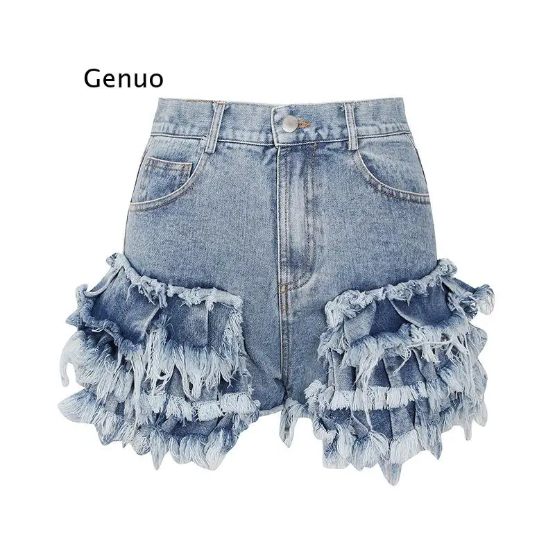 

Casual Blue Shorts for Women High Waist Patchwork Ruffles Pockets Asmmetrical Slim Short Pant Female 2021 Summer New