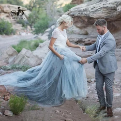 SoDigne Sky Blue Lace Bride Dress Short Sleeves A-line Romantic Wedding Dress vestidos de novia Wedding Gown Customized