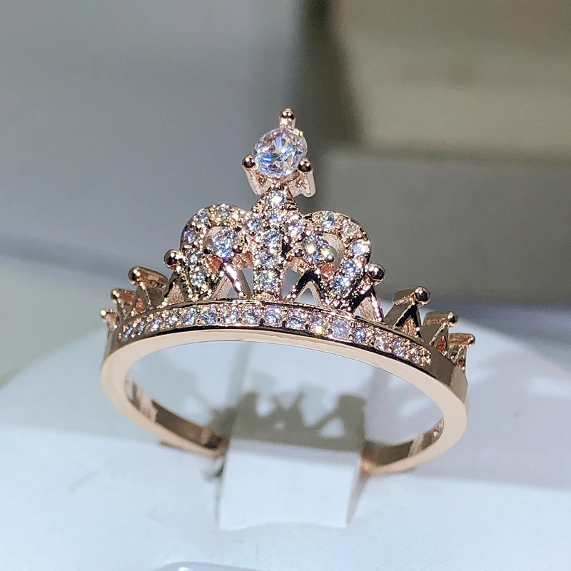 925 Zilveren Prachtige Prinses Kroon Ring Voor Dames Rose Goud Zirkoon Ring Engagement Verjaardag Sieraden Gift