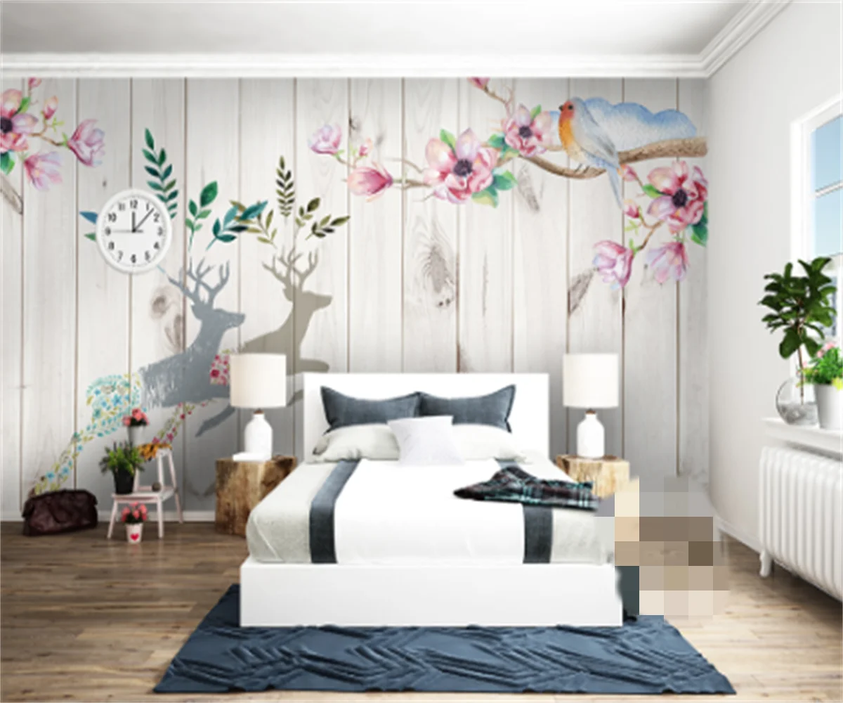 European and American custom 3D watercolor flowers double deer wood grain bedroom background wall painting hotel room mural