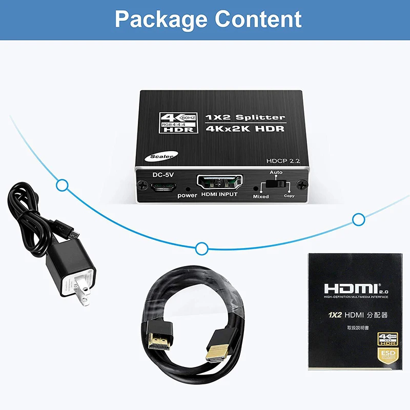 4K HDMI splitter 1x2 HDMI 2.0 splitter 1 in 2 out HDMI amplifier switch HDR, with HDCP2.2 cracking for Apple TV box