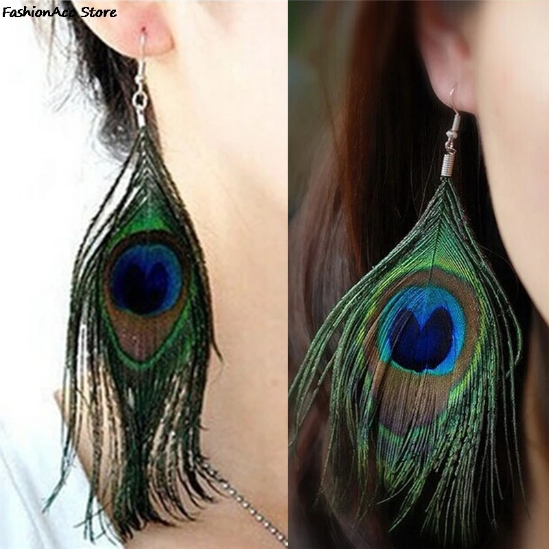 1 Pair Long Design Statement Crystal Peacock Feather Drop Earrings For Women Bijoux