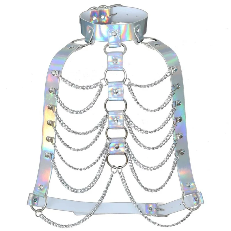 Decopunk Holographic Body Chain Harness Top Punk Women Holo Rainbow Waist Jewelry Festival Rave Outfit Designer Belt Women