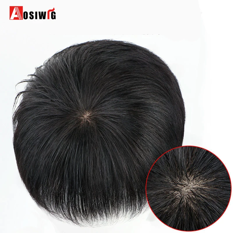 AOSI Short Male\'s Wig Straight Hair Men Toupee Hairpiece Replacement Synthetic Straight Hair Natural Black Topper Wig