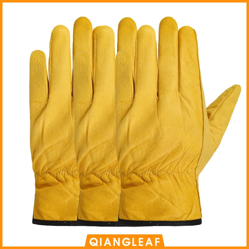 QIANGLEAF 3pcs Men\'s Work Gloves Cowhide Leather Security Protection Safety Cutting Working Repairman Garage Racing Gloves H92