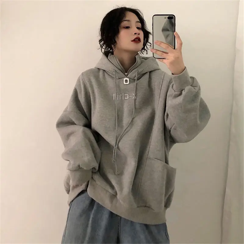 Women with Hat Hoodies Fleece Winter Warm Sweatshirts Hooded Turtleneck Letter Embroidery Korean Style Loose Casual Ulzzang Chic