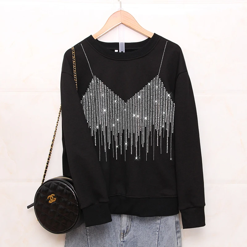 Autumn New Black Fashion Loose Sweatshirts female Creativity Sling pattern Hot diamonds Casual Round neck women tops pullovers