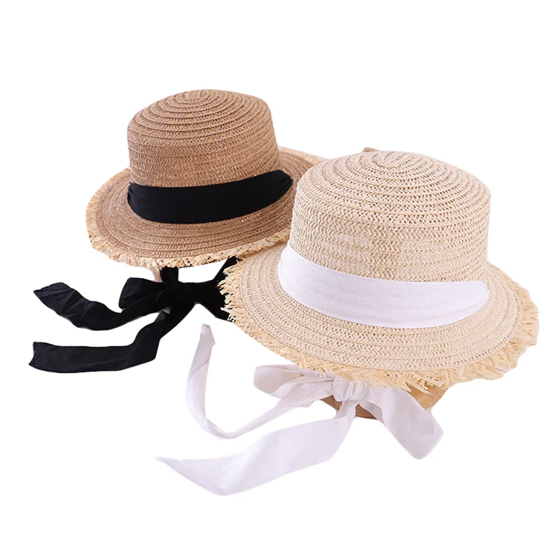 2024 Summer Toddler Girls Straw Boater Hat, Wide Brim UV Protection Flat Top Sun Hat with Letter Bowknot