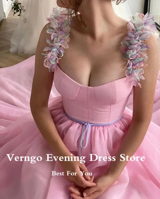 Verngo – robe de soirée en Organza rose doux, longue, bretelles à fleurs, ceinture en velours, longueur au sol, avec poches, 2021