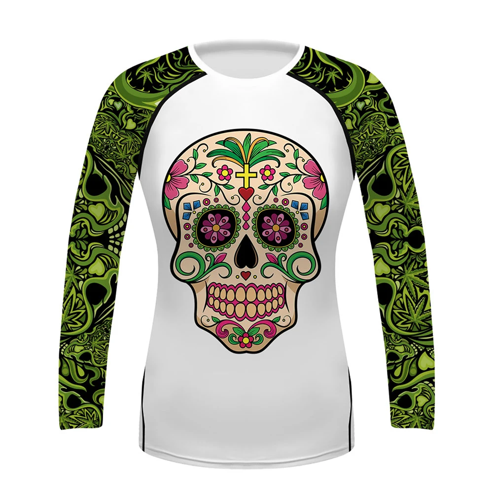 Women's Grappling Base Layers Sugar Skull Printed Long Sleeve Workout Training Sports Wicking Rash Guards Day Dead Gypsy