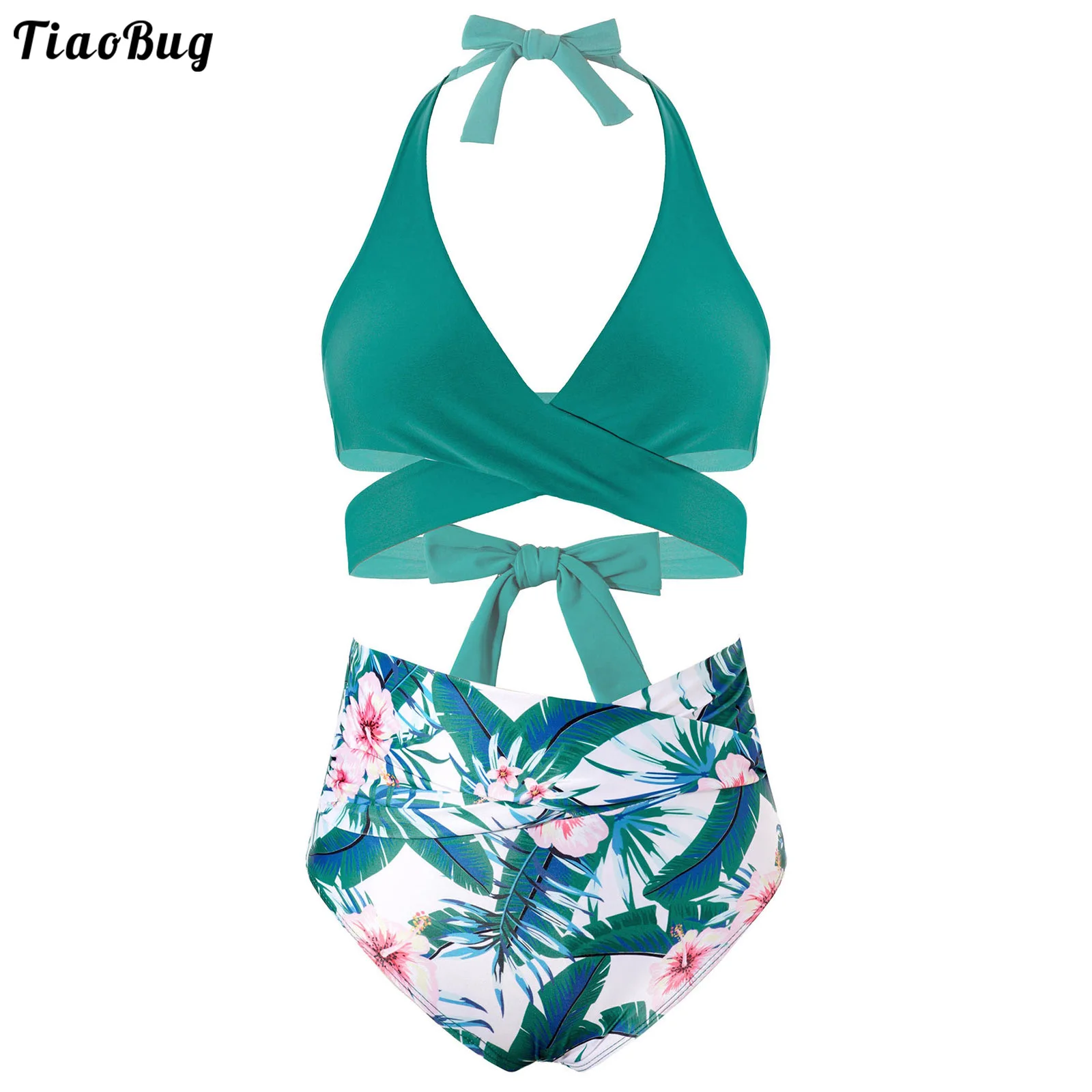 TiaoBug Summer Women Floral Print 2Pcs Swimwear Push-Up Halter Bandage Top Ruched Bikini Bottom Beach Sets Bathing Suit