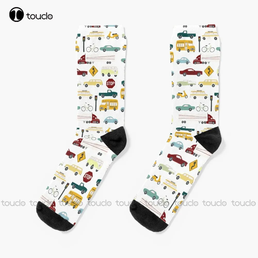 Beep Beep! Stuck In Traffic Cars And Trucks Pattern White Socks Unisex Adult Teen Youth Socks Personalized Custom Christmas Gift