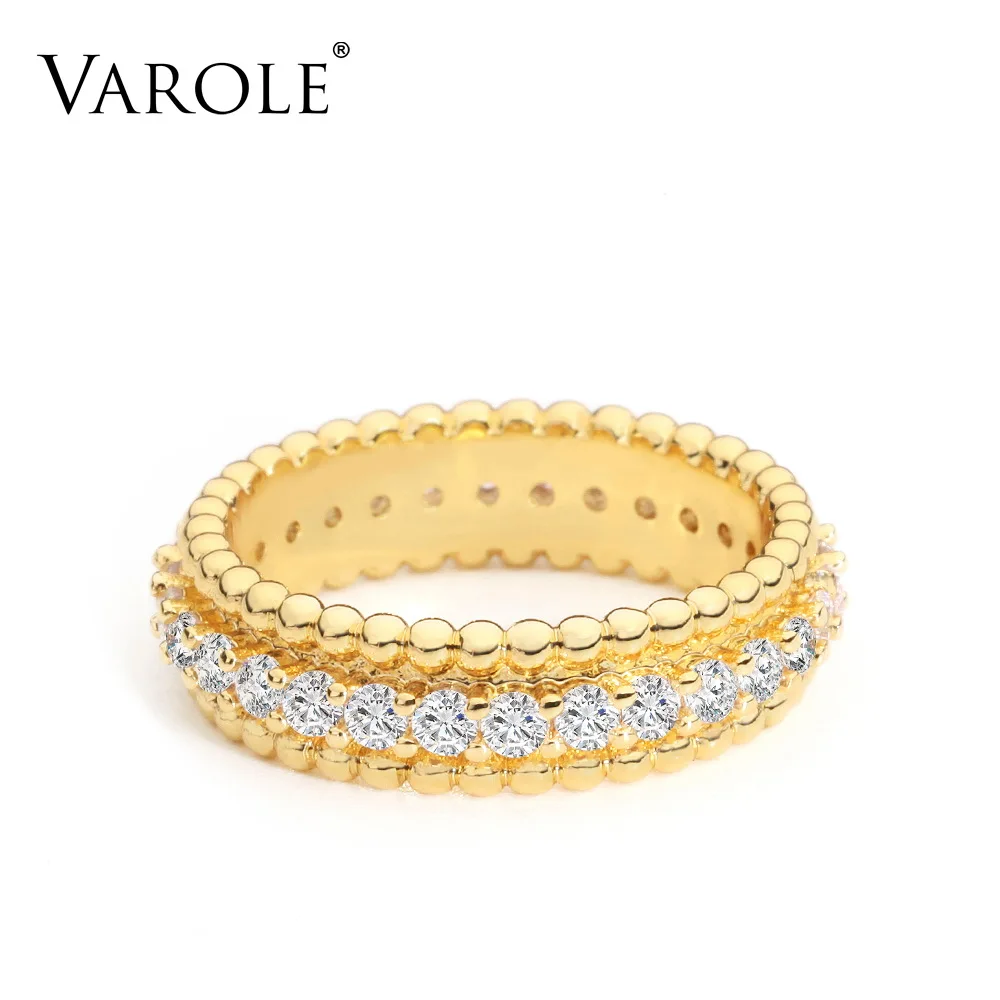 

VAROLE Punk Beads Ring Cubic Zirconia Engagement Lady Finger Rings For Women Gold Color Minimalist Fashion Jewelry