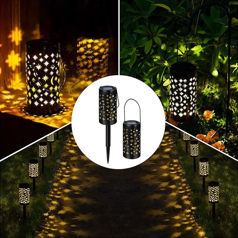 Wrought Iron Lantern Hollow Solar Lawn LED Lamp Star Moon Light Outdoor Garden Flame Ground Plug Lamp For Grassland Pool Path