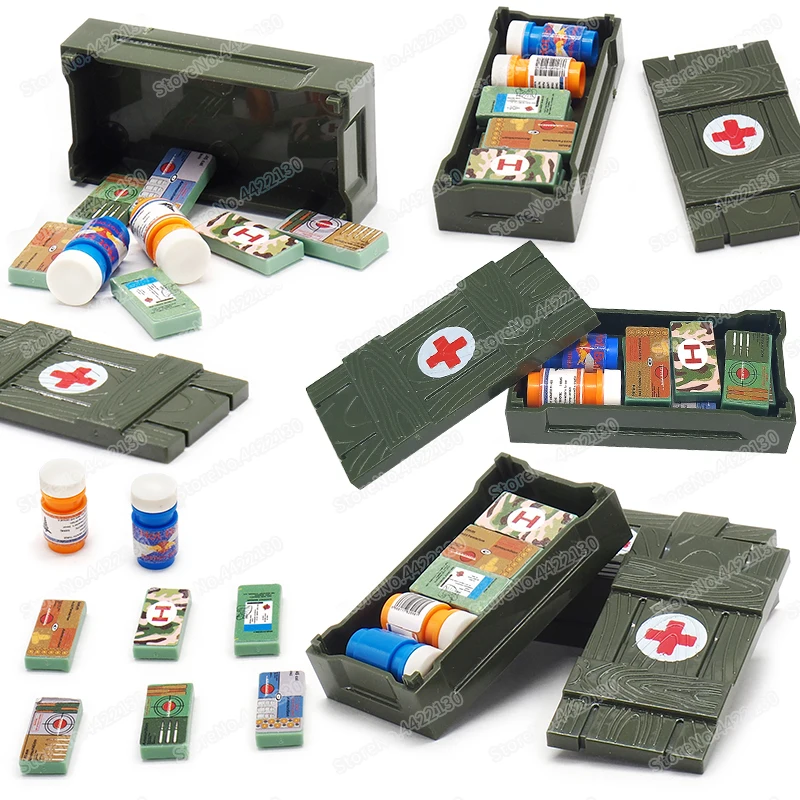 Ensamblaje de bloques de construcción de caja de suministro del ejército frontal, figuras de guerra militares Moc, equipo médico Boxe, modelo para