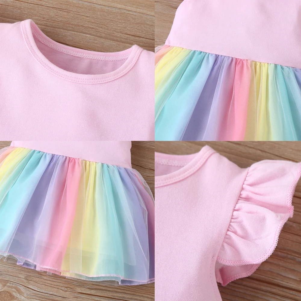 Birthday Princess Dress Summer Girls Rainbow Colorful Birthday Wedding Dresses 1-4 Years Sweet Kids Party Children Clothes