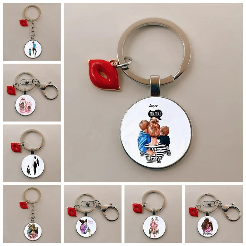 Family Super Mom, Boy Girl Mother's Day Gift Keychain Men's and Women's Fun Glass Cabochon Keychain