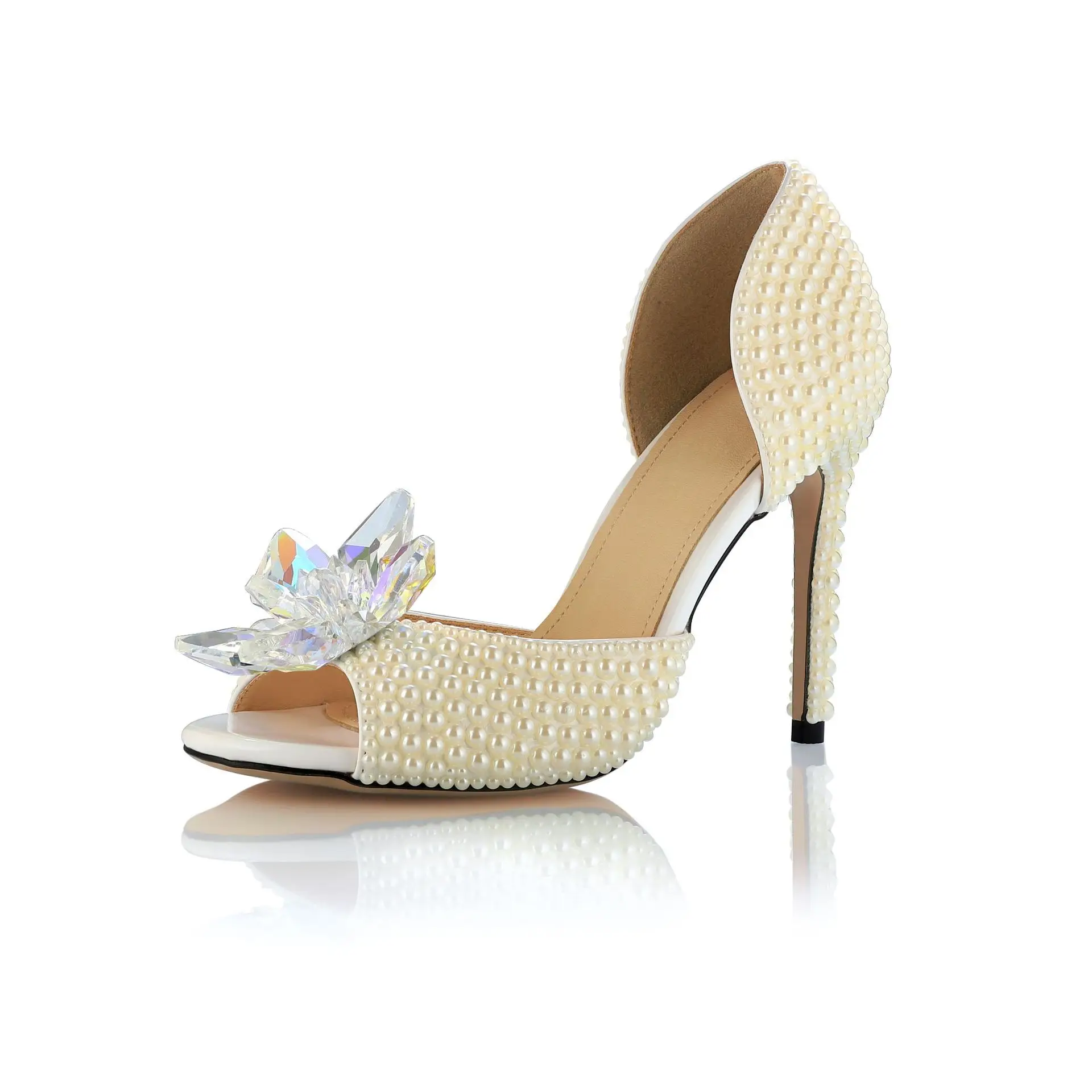 

Handmade Pearl Wedding Shoes Hollow Peep Toe Sandals Women Crystal Flower Bridal Shoes High-heeled Pumps Heels Ladies Shoe