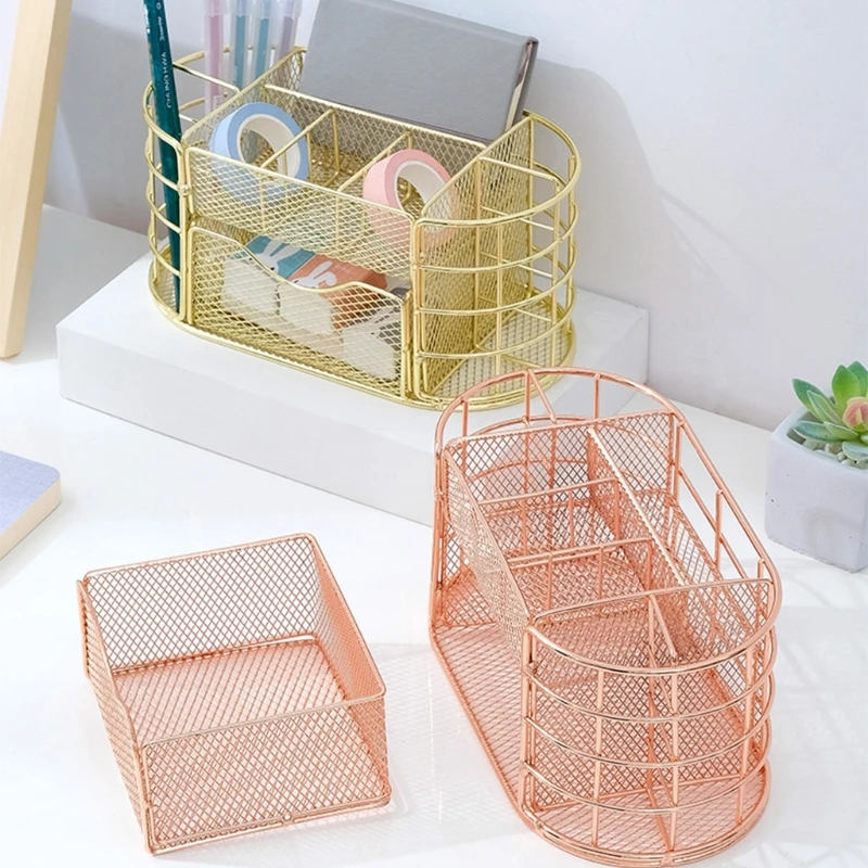 Exquisite Gold Rose Gold Mesh Pen Holder Decorative Iron Stationery Holder Multiple Compartments Desktop Organizer Holder