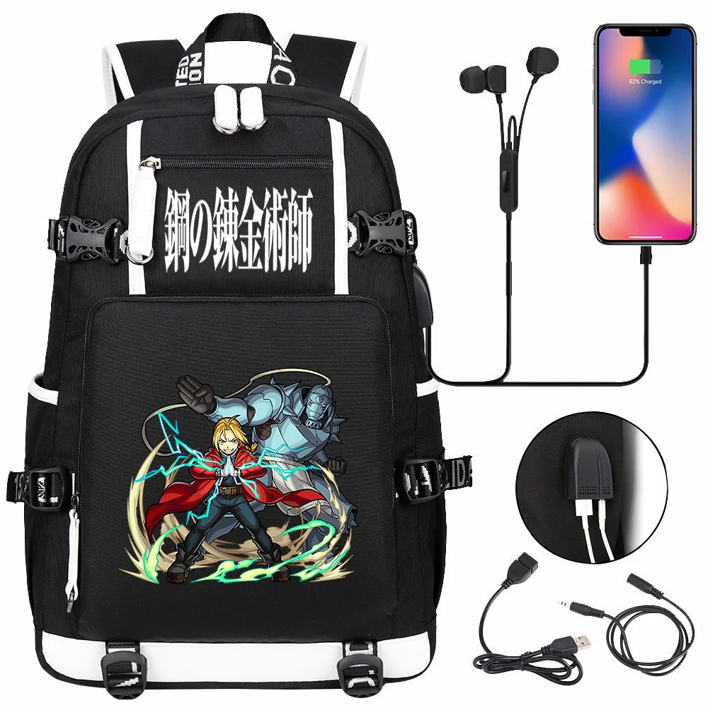 Anime Fullmetal Alchemist USB Backpack Student Schoolbag Boys Girls Travel Shoulder Bags Black Teens  Mochila Gift