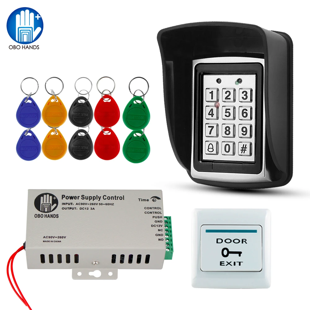 Full Set Door Access Control System Kit Waterproof Metal RFID Keyboard + DC12V Power Supply + Button + 10pcs 125KHz RFID Keyfobs