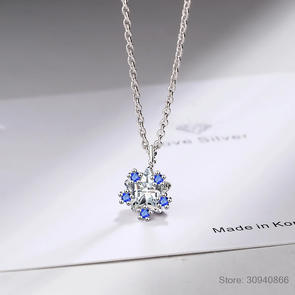 Snowflake Created Blue Sapphire 925 Sterling Silver Star Pendant Necklace for Woman Gemstone Fine Jewelry Choker Colar de Prata