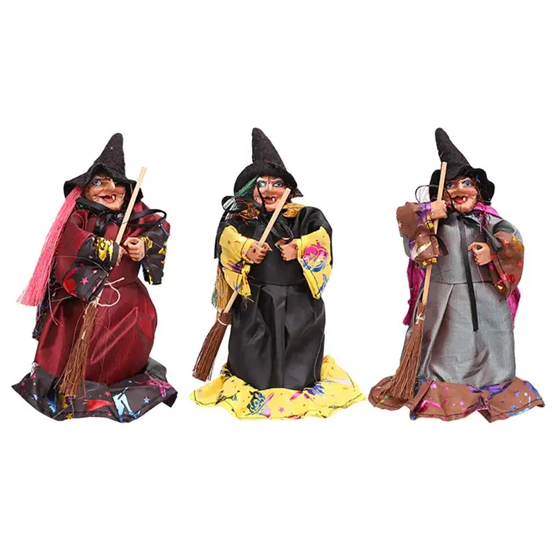 1 Set 3Pcs Halloween Broom Witch Dolls Creepy Party Props Halloween Scene Decorative Witch Figurines Broom Witch Props