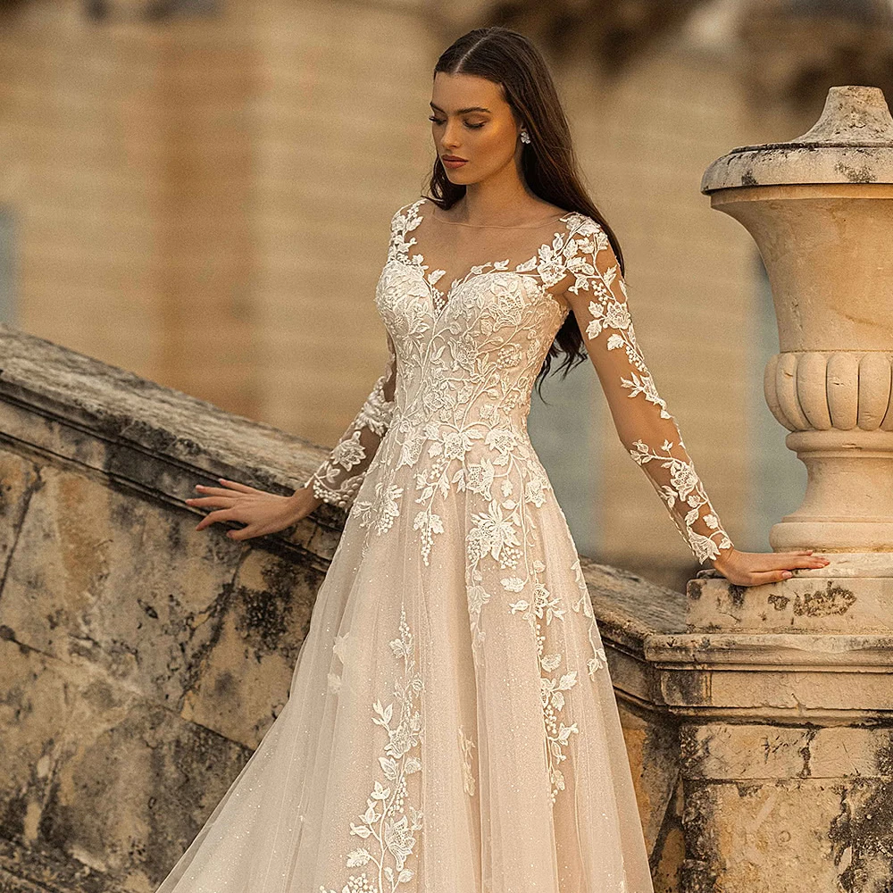 ADLN-Robe de Mariée à Manches sulfet Col Transparent, Ligne A, Champagne, en Dentelle, Nouvelle Collection