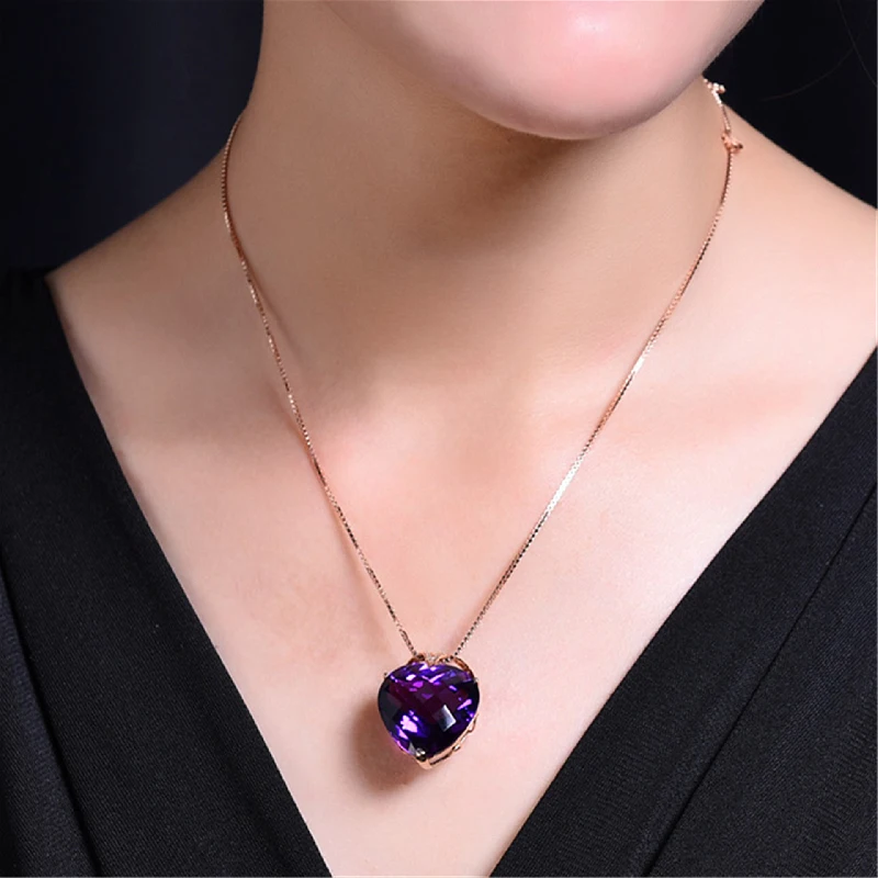 Fashion Women Necklace 925 Silver Jewelry Heart Shaped Amethyst Zircon Gemstones Pendant for Wedding Party Ornaments Rose Gold