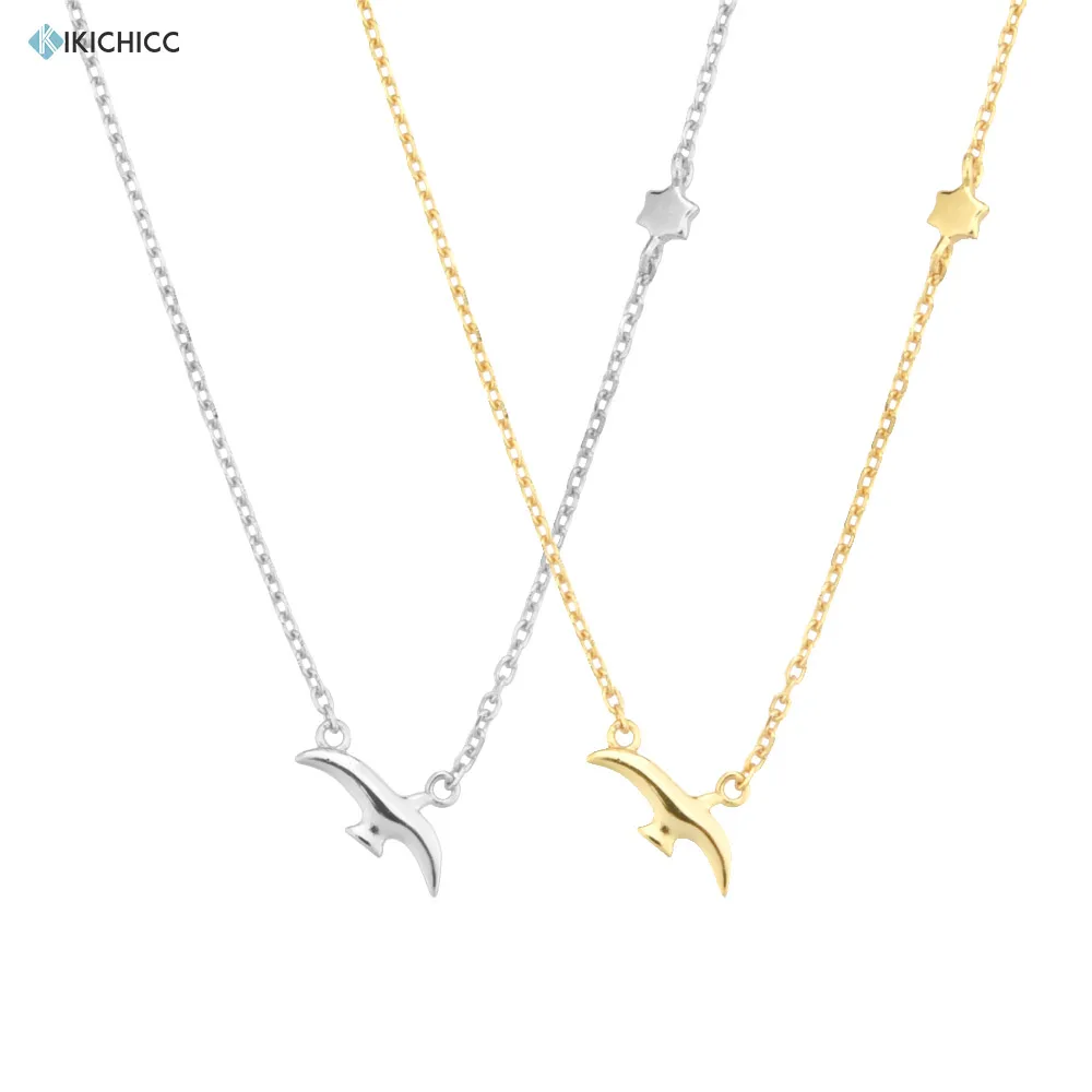 KIKICHICC 925 Sterling Silver Gold Bird Start Pendant Charm Choker Necklace Long Chain Women Rock Punk Jewelry Fine Jewels