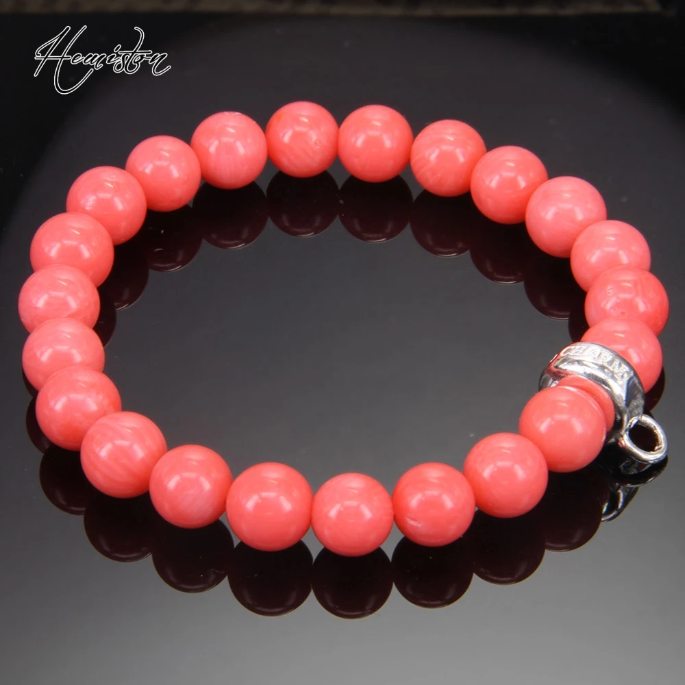 8MM TS Style Nature Stone Pink Coral Bead Charm Elastic Bracelet, European Glam Fine Jewelry For Women Gift