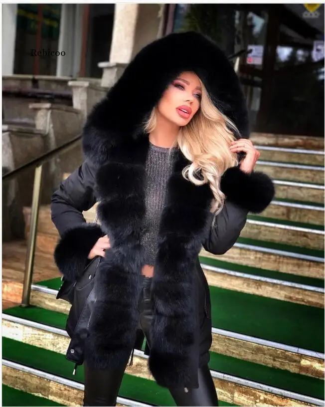 Winter Women fleece inside parkas  thick warm mid-Long Hooded parkas Jackets fur inside female slim padding parkas
