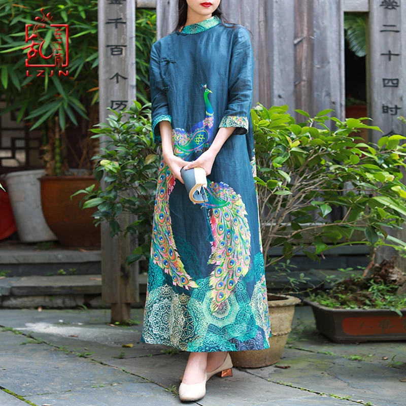 LZJN Women New Chinese Traditional Dress Summer Autumn Peacock Printed A Line Long Dress Elegant Vestido Loose Robe