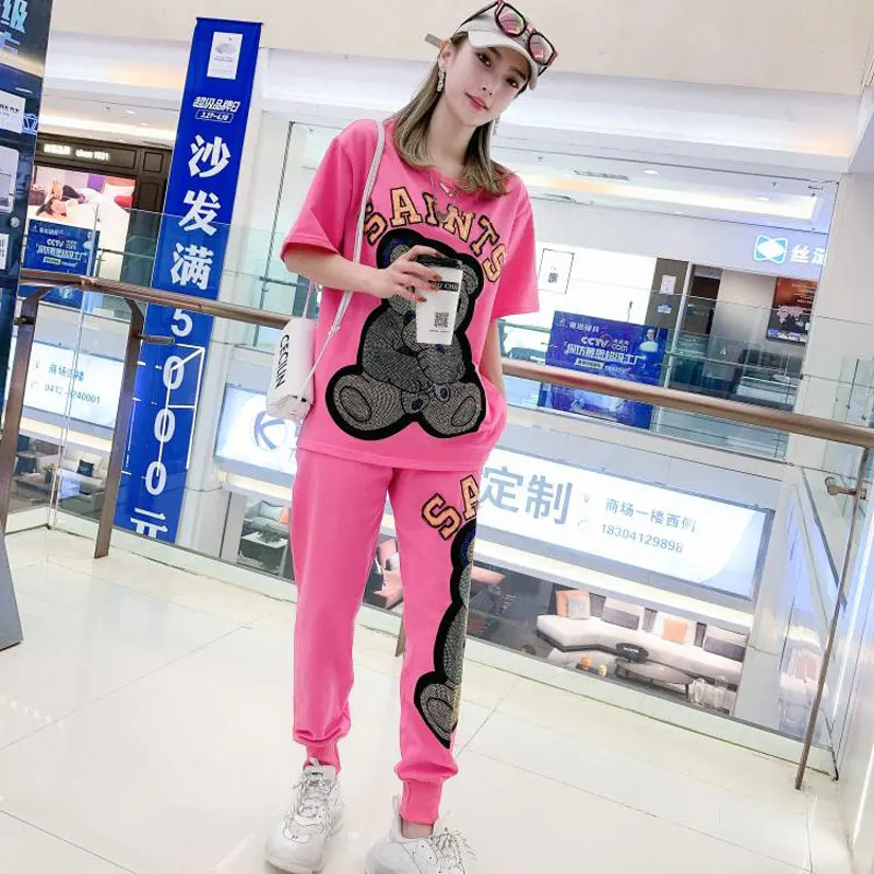 Spring White Diamond Cartoon Bear Short Sleeve Tracksuit Women Two Piece Sets,T Shirt and Harem Pants