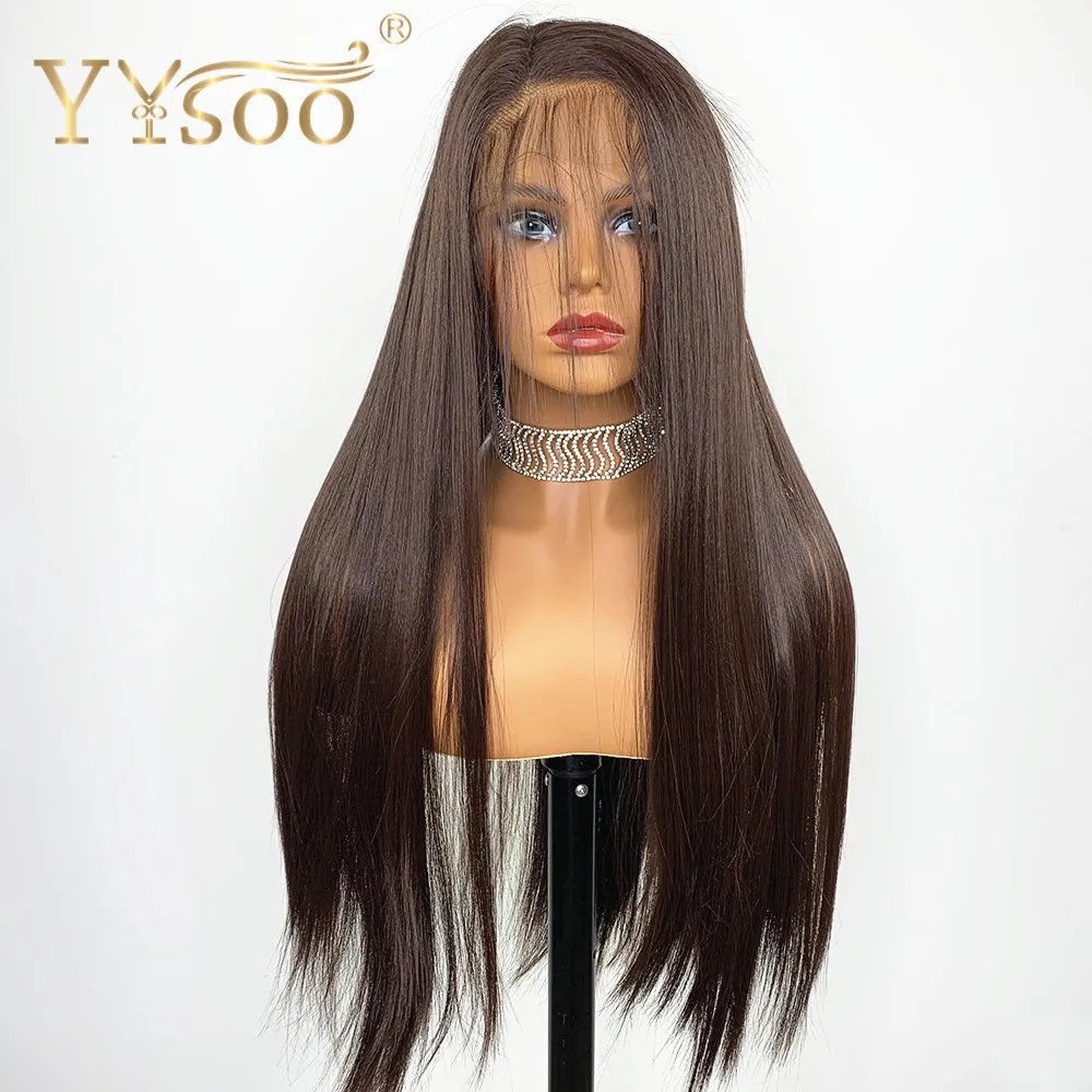 YYsoo-Peluca de cabello sintético para mujeres negras, cabellera de 13x4 de largo, Color liso y sedoso con malla frontal, resistente al calor, fibra