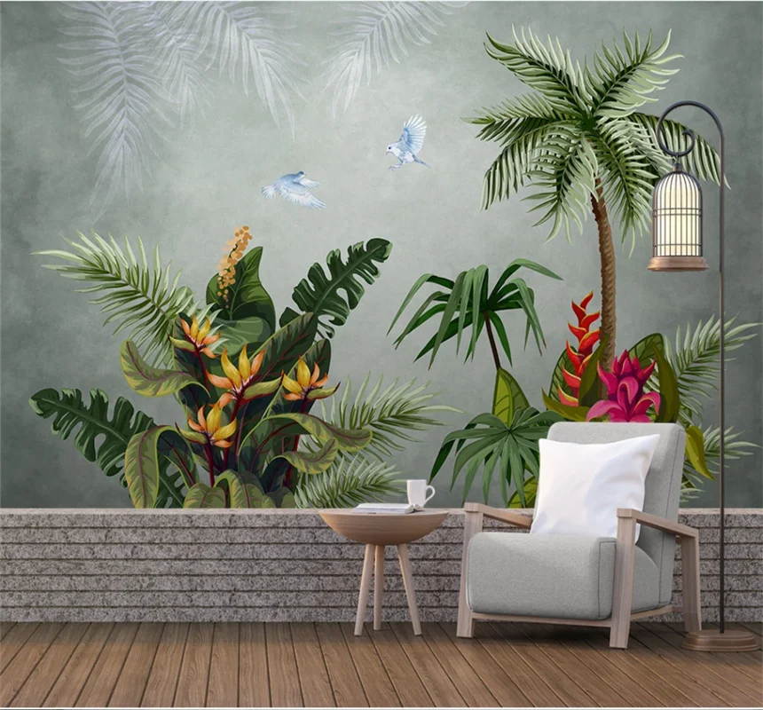 

Hand-painted rainforest plants, flowers and birds, indoor wallpaper, TV background, custom mural 8D waterproof wall cloth