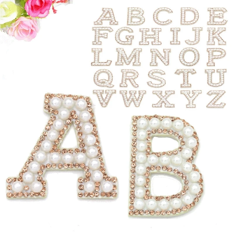 Gold English Letters Pearl Rhinestone Patches For Clothes Alphabet Pearl Rhinestones Applique Sew On/iron On Patches DIY Name