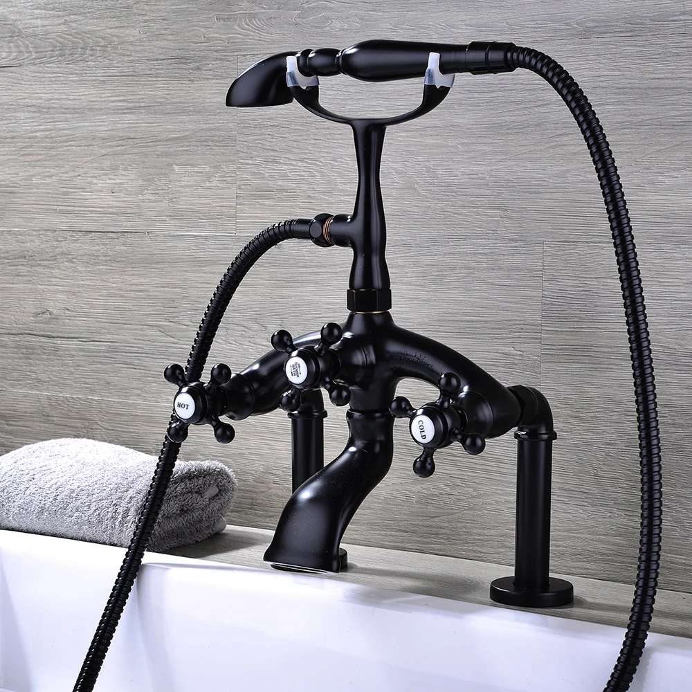 SKOWLL Rubinetto per vasca da bagno a croce a 2 fori Maniglie montate sul piano Rubinetto per lavabo con doccetta Nero WW-2503