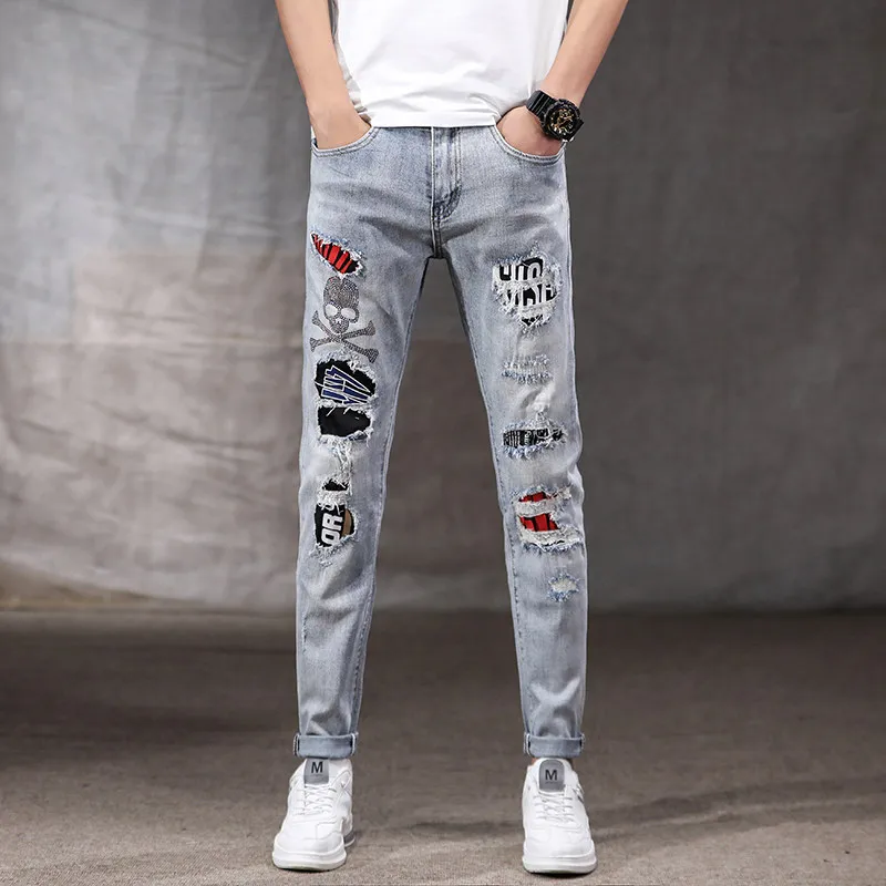 Spring Autumn 2022 Fashion Brand Light-colored Ripped Jeans Men\'s Feet Korean Elastic Skull Embroidery Wild Beggar Pencil Pants