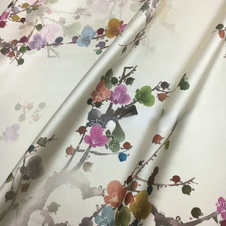 Plum Blossom Sewing Silk Stain Heavy Digital Printing Fabric By The Yard Cloth Natural Mulberry Silk High Fashion For Dress