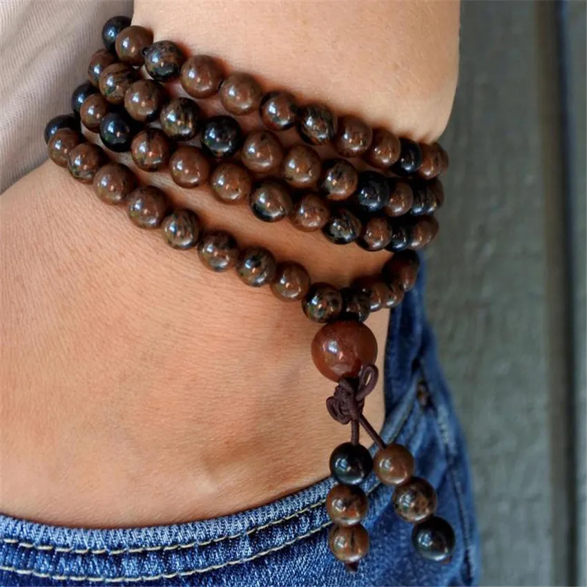 

6mm Mahogany Obsidian Stone 108 Beads Handmade Tassel Necklace Buddhist Yoga Mala Spiritua Tibetan Retro Prayer Buddhism Men