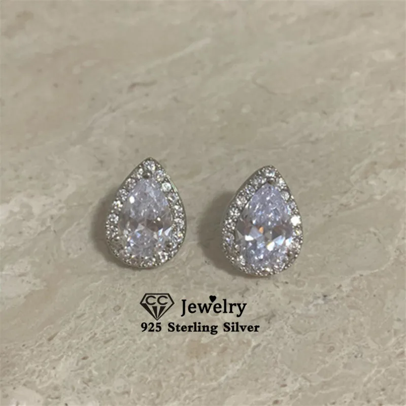 Women\'s Stud Earrings 925 Silver Needle Waterdrop Cubic Zircon Earrings Wedding Brincos Bridal Fine Jewelry Bijoux Femme E051